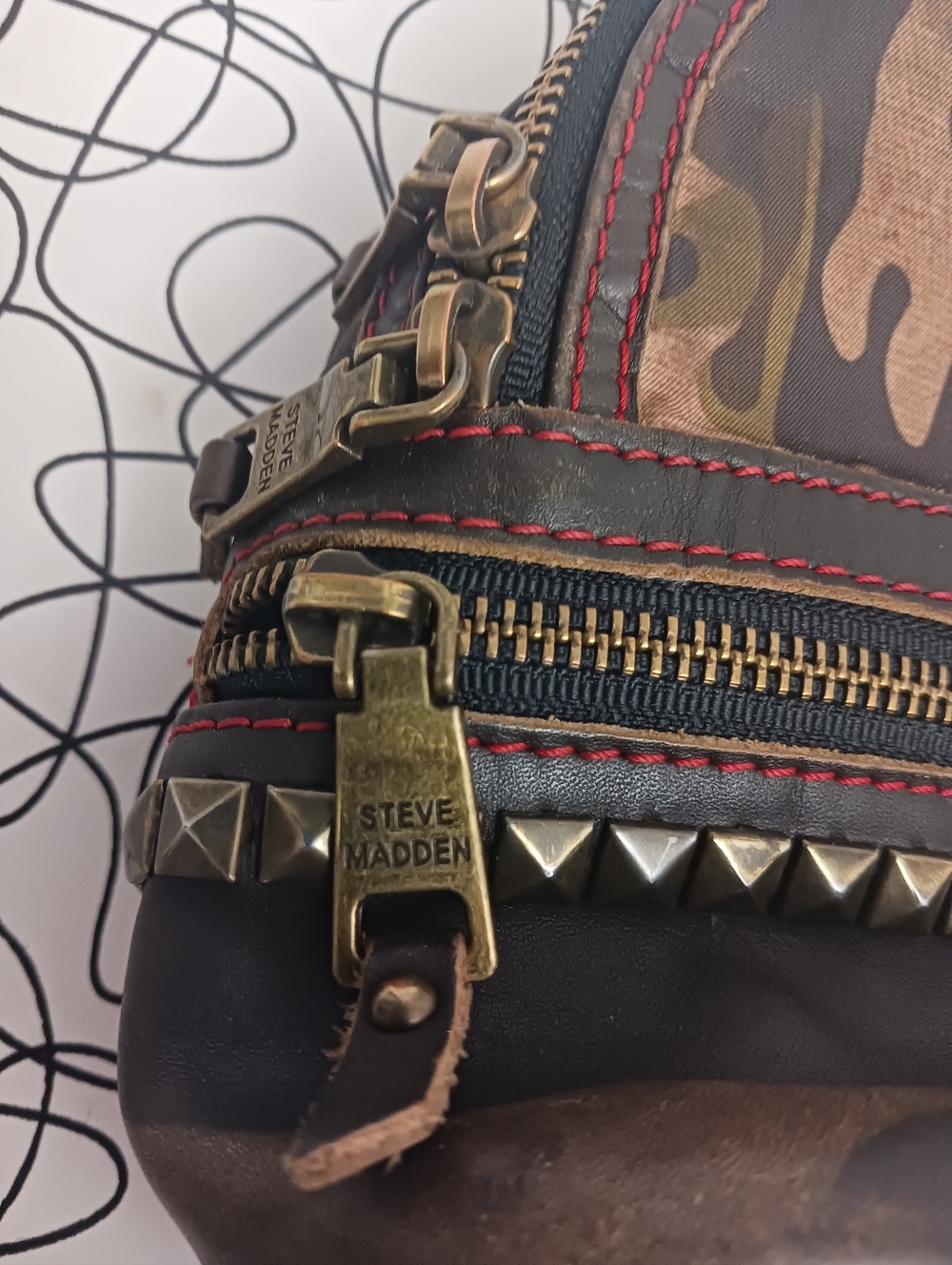 Steve Madden Studded Bag with Camoflage Print and Red Stitching - Picture 4 of 6